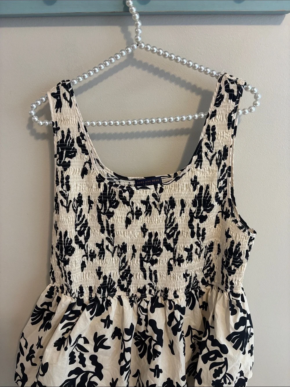 Skies Are Blue Womens 1X Cotton Black Cream Floral Smocked Tiered Midi Dress